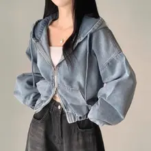 秋用 ビンテージ風 ダブルジッパー ポケット付き フード付き デニムジャケット【ゆったりデザイン】