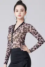 ラテンダンスウェア 大人用 セクシーVネックヒョウ柄 モダンダンストップス【国標トレーニング用】