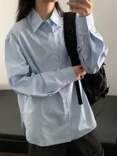 レトロな単色ブルーロングスリーブシャツ【男女兼用・コットン・カジュアル・春秋用】（セットアップ対応）