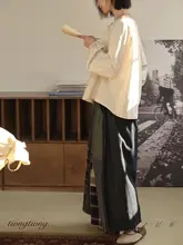 TIONGTIONG チェック柄切り替えデニムパンツ【春用・ゆったりサイズ・ワイドレッグ・レディース】