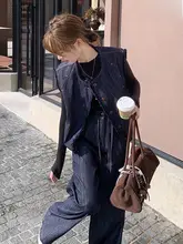 ブルーデニムベストとストレートワイドパンツ【春季用・女性・高級感・トレンド】（セットアップ対応 ）