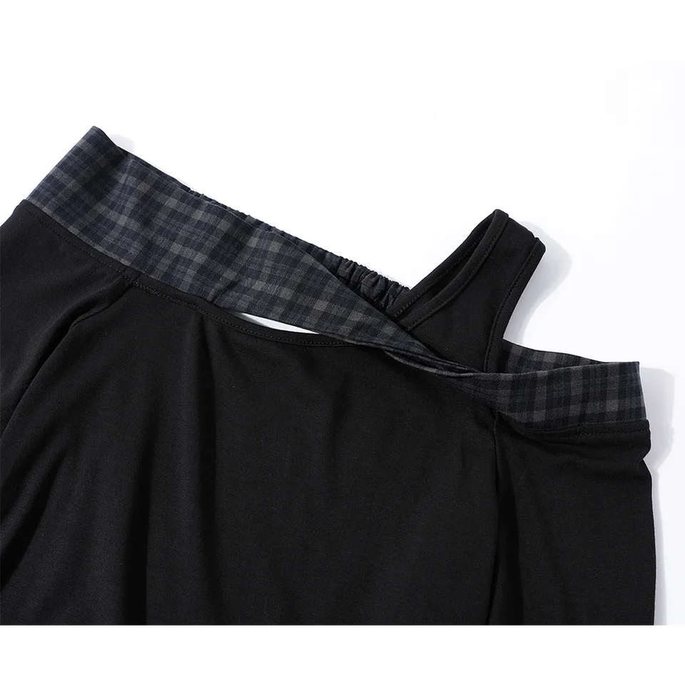 セットアップ レディース ニットTシャツ スカート ワンショルダー ベルスリーブ チェック柄 アシンメトリー 甘辛MIX 秋「XinmonLee」
