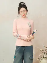 刺繍入りハーフハイネックフィットニットTシャツ【秋向け・国潮スタイル】