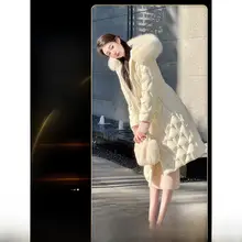 冬用保温フード付き中丈コート【ファー付き・白鹅绒使用】