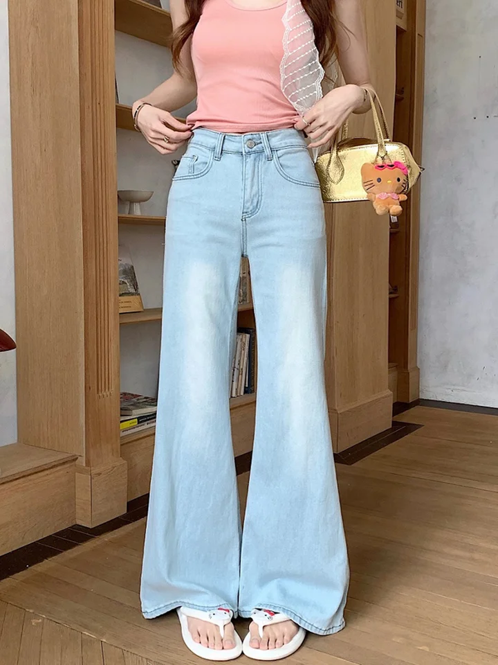 浅色の刺繍入りハイウエストワイドシルエットデニムパンツ【女性用・夏用・極上の柔らかさ・ゆったりとしたデザイン】