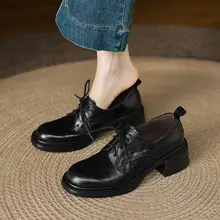 小羊皮製の粗いヒールレースアップバレエシューズ【春秋用・深口デザイン・女性用】
