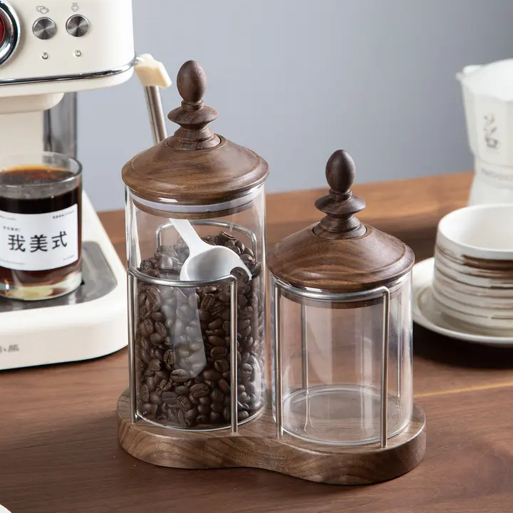 黒胡桃製 薫り高いコーヒー豆密封容器【ガラス・木製蓋・防湿防虫・収納用】