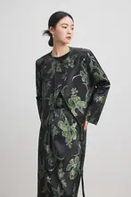 春の花びらデザインの新中式スタイル外套とスカート【グリーン・フレアスカート・半袖】（セットアップ対応）