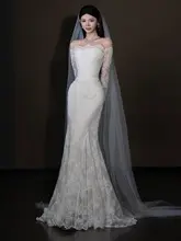 一字肩長袖軽婚式ドレス【レトロなフランス風・レース・フィッシュテール・ウェディング】
