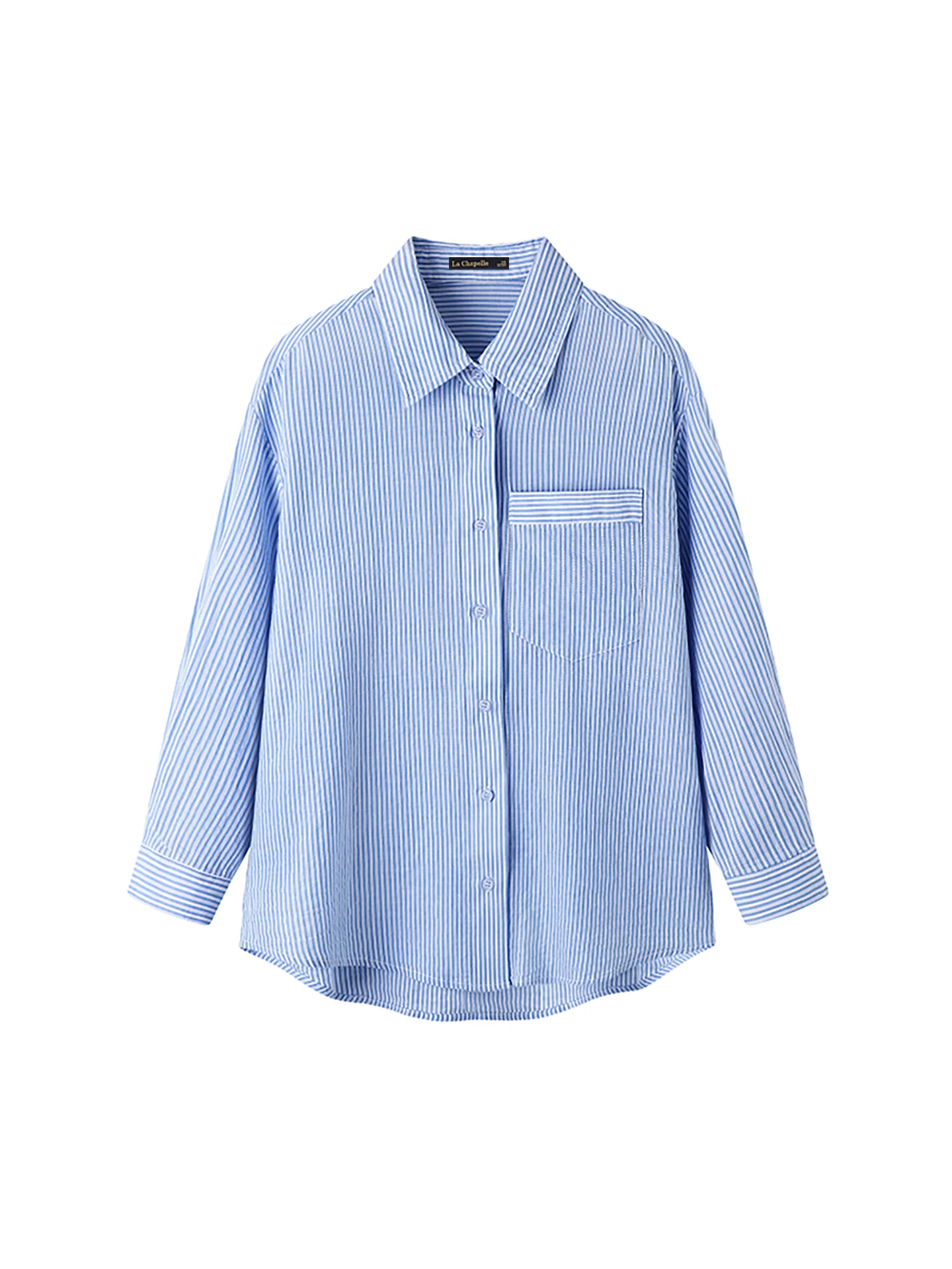 韓国風ストライプ柄 chambray シャツ：通勤シーンで実用性を確認
