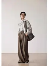 ストライプ柄リボン付き長袖シャツ【秋用・女性・おしゃれデザイン】（セットアップ対応）
