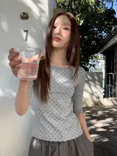 カラーブロック ドット柄プリント ラウンドネック 半袖トップス【夏用・シルエット美・レディース】