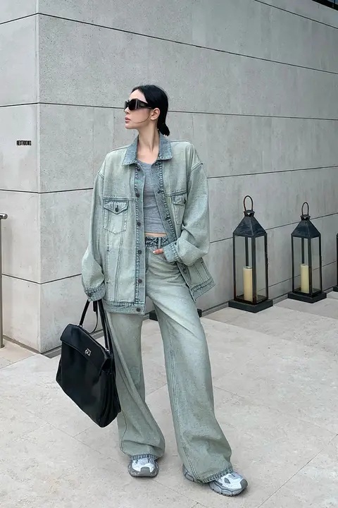 ZHOUMIAO コントラストカラー 切り替え クラシックウォッシュコットン ユニセックスデニムジャケット【ルーズストレートパンツ付き】
