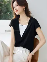 重ね着風VネックTシャツ【夏用・快適・シンプルデザイン】（セットアップ対応）