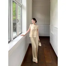 醋酸製のウエストゴム付きパンツ【直筒・ワイドレッグ・夏用】（セットアップ対応）