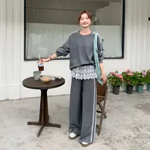 カジュアルスポーツグレー裏毛スウェットとレースフリルワイドパンツ【春秋向け・女性用】（セットアップ対応）
