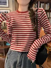 ヴィンテージスタイルのストライプTシャツ【女性用・ハイウエスト・ショート丈・長袖・スリムフィット】