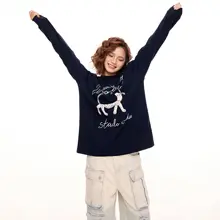 アメリカンレトロ 小犬プリントのネイビーカラー長袖Tシャツ【秋用・ゆったりシルエット・カジュアル】