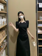 レディース 夏用 ラウンドネック レースデザインの黒ワンピース【ウエスト絞り・大きいサイズ・シンプルスタイル】