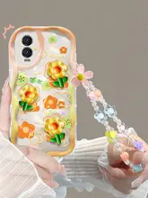 透明ソフトケース【立体水色花デザイン・全包タイプ・手首ストラップ付き】