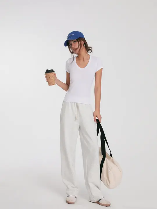 DiscoGlam スーピマコットン製 レディース Uネック ホワイト 半袖 Tシャツ【フィット感・ノースリーブ】