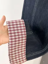 深い青のチェック柄ワイドレッグデニムパンツ【ハイウエスト・スリム効果・秋用】（セットアップ対応）