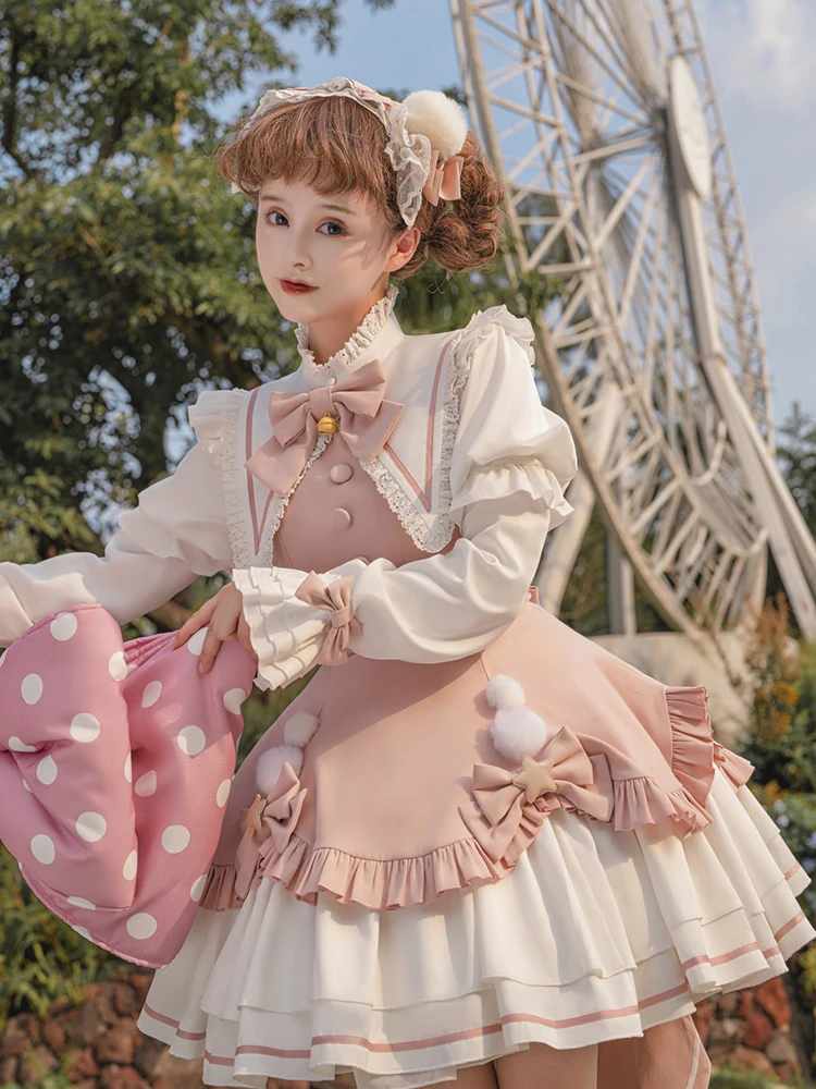 可愛いデザインのロリータ風プリンセスワンピース【甘いピンク・日常使い・クリスマス・お正月用】（セットアップ対応）