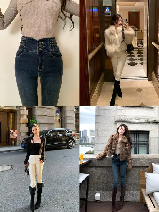 高腰スリムデニムパンツ【秋冬用・裏起毛・小脚デザイン】（セットアップ対応）