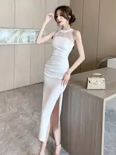 デザイン感溢れるメッシュ切替ネックホルダーサマードレス【ハイウエスト・スリット・ロング・女性用】