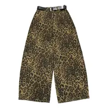 レトロヒョウ柄プリント ハイウエストデニムパンツ【ウエストベルト付き・ワイドレッグ・女性用】