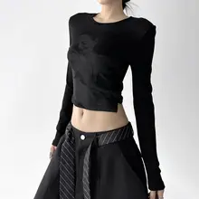 デザイン性のある短款長袖Tシャツ【女性用・フィット・結び帯付き】