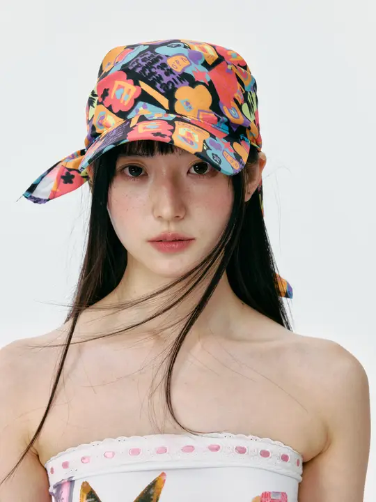 春夏秋用フェスティバル風プリントバンダナキャップ【日焼け防止・小さめブレード・個性派デザイン】