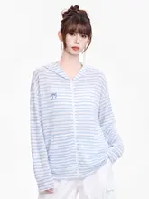 ストライプ柄フード付き長袖カーディガン【夏用・軽量・UVカット】