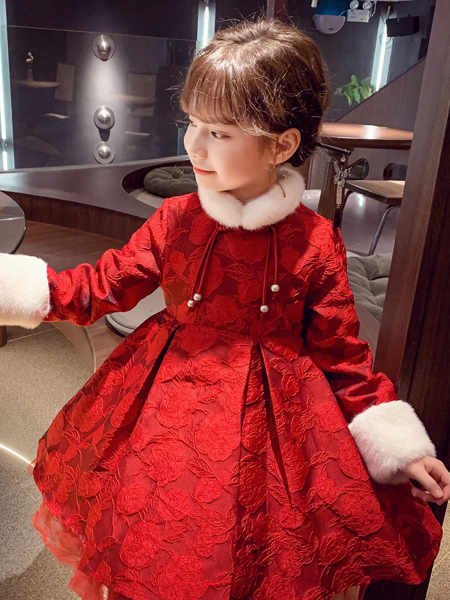 お宮参り 冬 ママ 服装 おすすめ：子供用冬季ワンピース【国風・赤・新年用・プリンセススタイル】