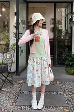 春にぴったりの軽やかな花柄シフォンハイウエストスカート【中丈・Aライン・グリーン】