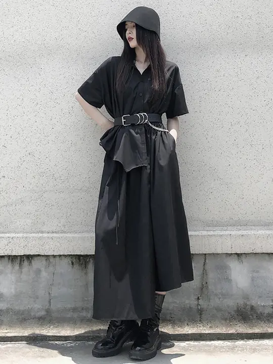 山本風の不規則デザイン ブラックロングスカート【気品溢れる・スタイルアップ効果】