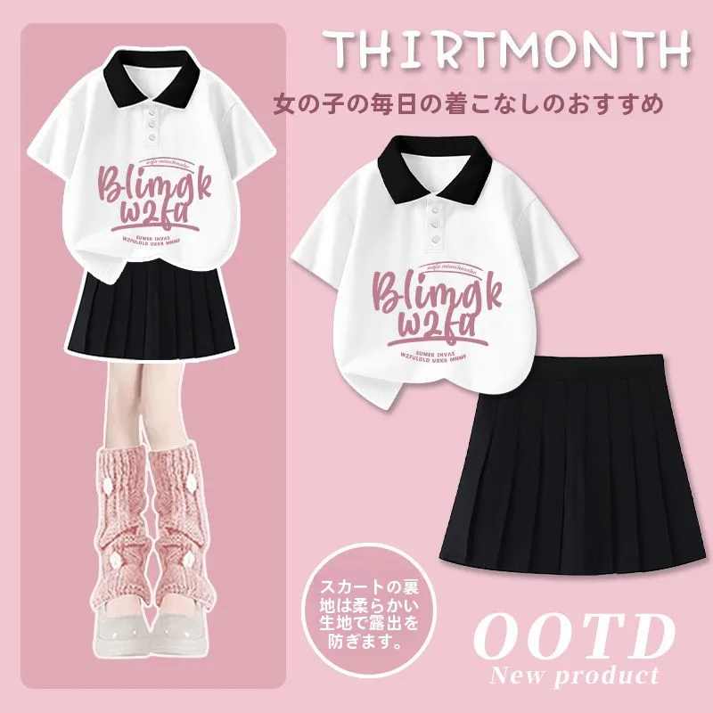女の子用ポロシャツとスカートの夏用ドレス【美しい印刷・演出服】（セットアップ対応）