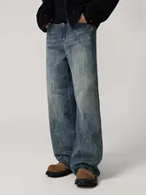 KGK メンズヴィンテージ風ウォッシュデニムパンツ【ルーズフィット・ストレート・ロング】