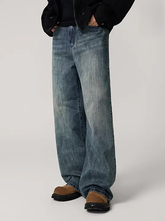 KGK メンズヴィンテージ風ウォッシュデニムパンツ【ルーズフィット・ストレート・ロング】
