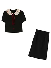 学院風の襟付きトップスとスカート【夏用・大きいサイズ・フレンチスタイル】（セットアップ対応）