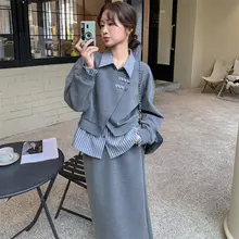 ストライプの切替デザイン 薄手スウェットトップス【女性用・ハイウエストミディスカート・春秋向け】（セットアップ対応）