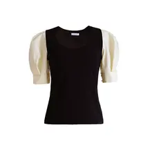 Bela studio ヴィンテージ風ボックスシルエット ブロッキングカラー カジュアルブラウス【バルーンスリーブ・ラウンドネック】