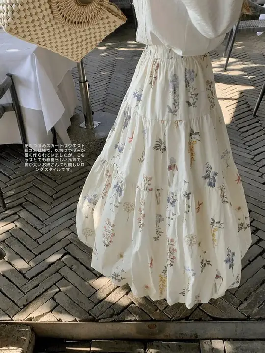 フラワープリントのドローストリング付きハイウエストスカート【女性用・ロング・夏用・フレア】
（セットアップ対応）