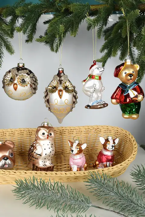 クリスマスデコレーション！ガラス製カラフルペイント動物モチーフ吊り下げ飾り【クマ・犬・フクロウ】