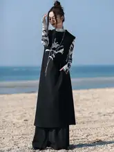 春夏用レトロデザインの花刺繍ノースリーブワンピース【ブラック・ゆったりシルエット】