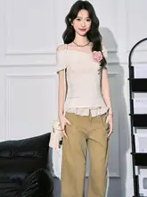 トップス レディース 半袖Tシャツ オフショルダー フレンチ風 ヴィンテージ デザイン性 タイトシルエット 大人可愛い 夏