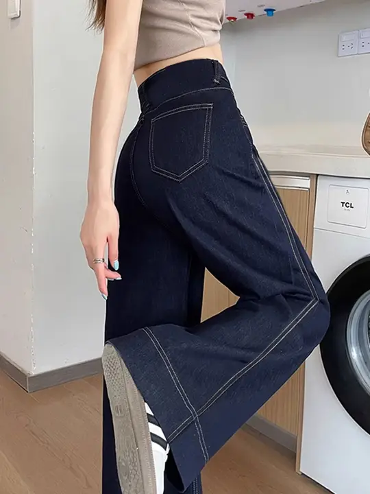 夏用薄手の高腰ストレートデニムパンツ【深い青・極上の柔らかさ・ワイドレッグ】