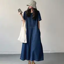 ワンピース【レディース・デニムワンピース・ロング丈・体型カバー・半袖・シンプル】