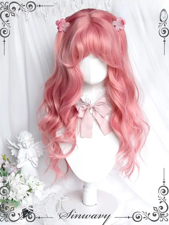 かわいい少女向けピーチピンクロングカールウィッグ【エアリーバング・ロリータスタイル・Y2K】