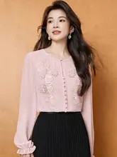 重工刺繍の長袖シフォンブラウス【フレンチスタイル・ラウンドネック】